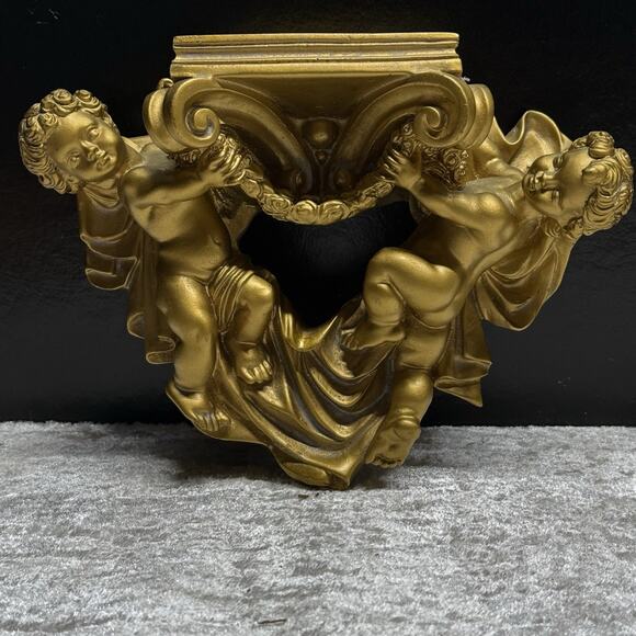 Vintage Cherub Angel Ornate Wall Gold Sconce Shelf Pair (2) - Picture 7 of 7